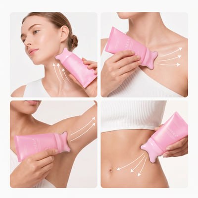 PDRN gua sha applicator used on the neck, chest, arm and stomach