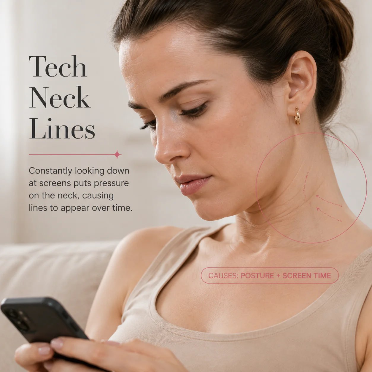 Woman looking down at a phone with visible tech neck lines